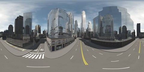 HDRI map. Panorama of the city. Environment map. Equirectangular projection. Spherical panorama.
