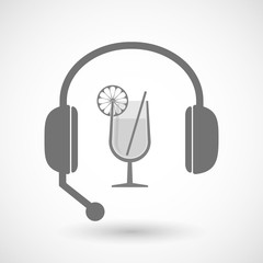 Isolated hands free headphones with  a cocktail glass with a slice of lemon and a straw