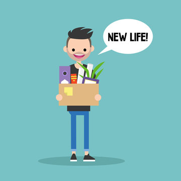New life conceptual illustration. Young caucasian man holding a box full of office stationery goods / flat editable vector illustration, clip art