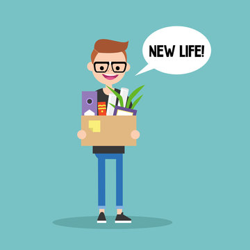 New life conceptual illustration. Young geek holding a box full of office stationery goods / flat editable vector illustration, clip art