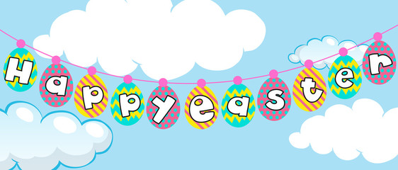 Happy Easter poster with eggs in sky
