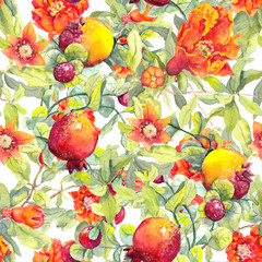 Pomegranate fruits, red flowers. Seamless floral pattern. Watercolor