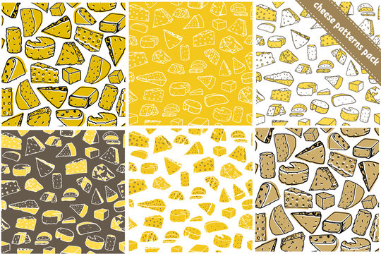 Set Of Six Cheese Seamless Pattern. Cheese Vector Hand Drawn Texture