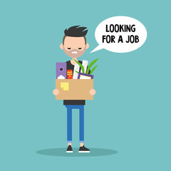 Young fired brunette man holding a box full of office stationery goods / flat editable vector illustration, clip art