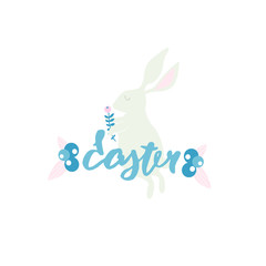 Easter banner with rabbit. Eater handlettering. Spring floral composition.Greeting background.Vector Illustration