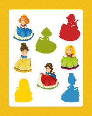 cartoon set of beautiful and colorful of medieval princesses - searching game with shadows