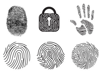 Set of fingerprint vector flat line icons. Linear fingerprints, head profile fingerprint, security shield fingerprint, locked, unlocked, log in, scanning, recognizing, shopping, document access