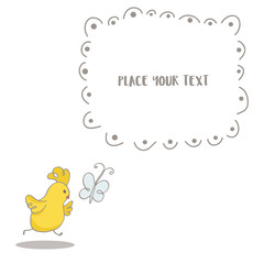 Easter greeting background with cute little Chicken chasing a butterfly. Text place in frame. Hand drawn vector Illustration.