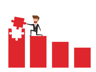 Businessman on red graph holding puzzle piece raising the graph. Solving finances concept.