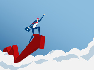 Businessman ride growth arrow graph on cloud get a lot of money. Investment financial and success concept.