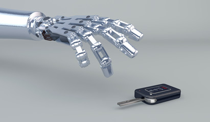 3D illustration of a robotic hand reaching for a modern car key fob. Futuristic vehicle driver assist concept.