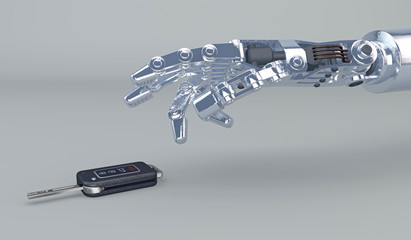 3D illustration of a robotic hand reaching for a modern car key fob. Futuristic vehicle driver assist concept.