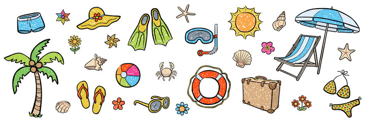 Farbiges Illustrations-Set: SOMMER-URLAUB / Kreidezeichnung, handgezeichnet, Vektor, freigestellt © snyGGG