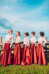 Fototapeta premium Five beautiful bridesmaids in same color red dress on wedding day having fun and circling around dresses behind mountains and blue sky. Funny girls.