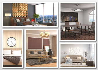 Collage of modern home brown interior. 3d illustration