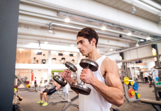 Fit Hispanic Man In Gym Working Out With Weights