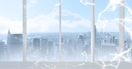 White interface against window and skyline