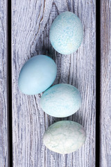 Group of blue eggs. Dyed eggs on wood. Common Easter products.