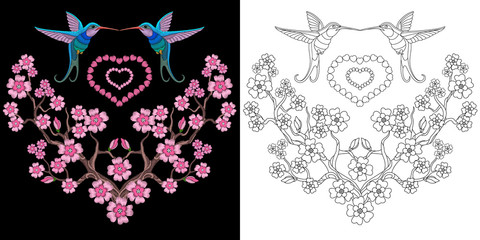 Naklejka premium Embroidery hummingbird and sakura design. Collection of fancywork elements for patches and stickers. Coloring book page with colibri birds and cherry blossom.