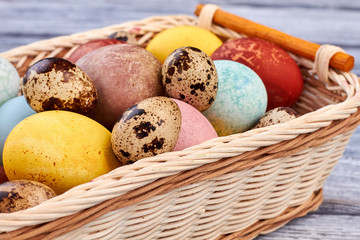 Easter egg basket, close up. Woven wood texture.
