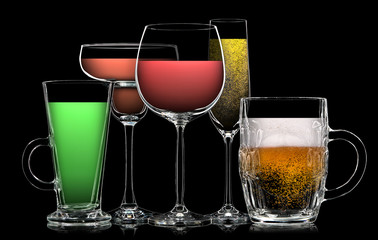 Set of multicolor different drinks in various glasses on black background