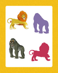 cartoon set of happy and funny wild african animals - searching game with shadows