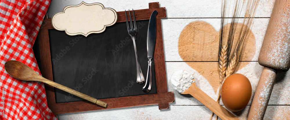 Poster baking background with a heart of flour and empty blackboard with label