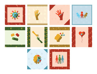 Fototapeta na wymiar Vector icon set of getting cards with autism symbols