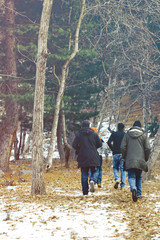 Obraz premium Group of people walking in the woods during fall