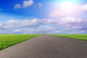 Long road with green field and blue sky illustration