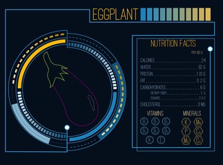 Eggplant. Nutrition facts. Vitamins and minerals. Futuristic  Interface. HUD infographic elements. Flat design, no gradient. Vector illustration