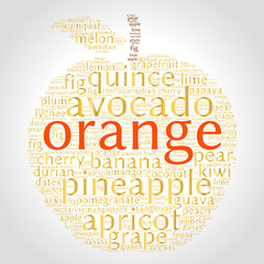 Orange. Word cloud in shape of fruit, grey gradient background. Natural food.