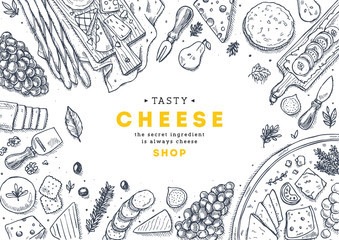 Cheese collection top view illustration. Antipasto table background. 