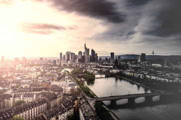 skyline cityscape of Frankfurt am Main Germany with downtown skyscrapers during sunset