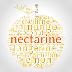 Nectarine. Word cloud in shape of fruit, grey gradient background. Natural food.