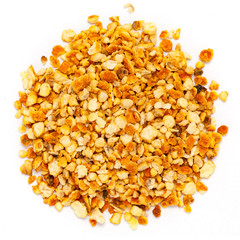 Air dried Organic Orange peels (Citrus × sinensis) isolated on white background for Infused Tea. Macro closeup. Top view.