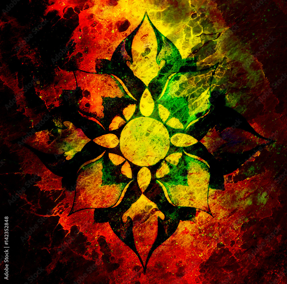 Poster ornamental mandala on abstract structured background with graphic effect.