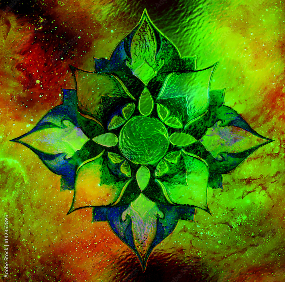 Poster ornamental mandala on abstract structured background with graphic effect.