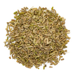 Air dried organic Fennel (Foeniculum vulgare) isolated on white background for Infused Tea. Macro closeup. Top view.