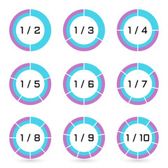 Set of segmented ring diagrams with selected fraction. Templates sectoral graphs in flat style. Colorful elements for infographics. Vector