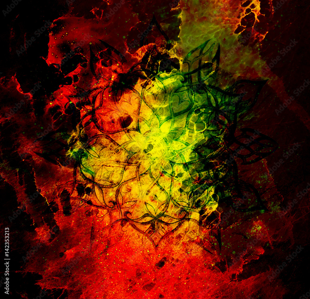Poster ornamental mandala on abstract structured background with graphic effect.