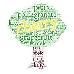 Cherry. Word cloud in shape of tree, white background. Fruit.