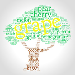 Grape. Word cloud in shape of tree, grey gradient background. Fruit.