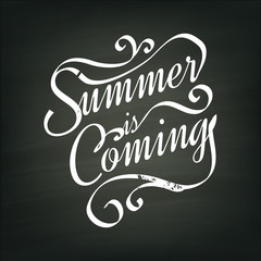 Summer is coming lettering design for posters, flyers, t-shirts, cards, invitations, stickers, banners. Digital hand painted calligraphy on chalkboard background
