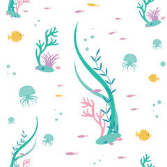 Fototapeta na wymiar Vector flat seamless pattern of elements the underwater world. Illustration of deep tropical flora and fauna.