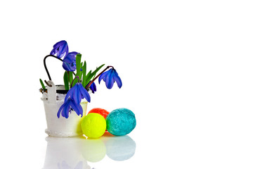 Easter eggs with a bouquet of snowdrops on a white background