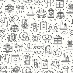 Party celebration seamless pattern. Birthday, holidays, event, carnival festive. Party decor elements thin icons. Funny vector illustration. Line background. Texture. Mask gifts cake cocktail firework - 142354895