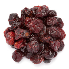 Organic air dried Cranberries (Vaccinium oxycoccos) isolated on white background. Macro closeup. Top view.