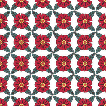seamless pattern colorful doodle flowers, red flowers on a white background
