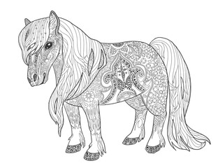Doodle pony page for adult coloring book.